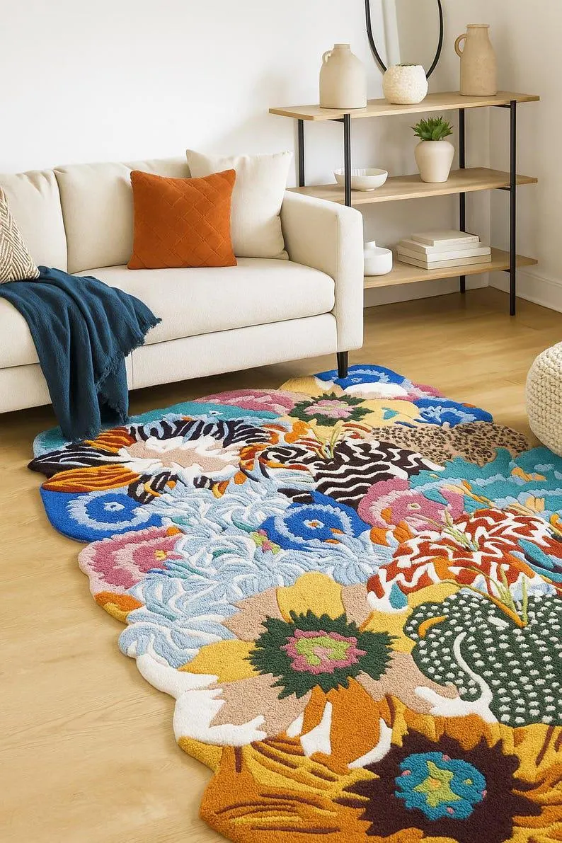 Handmade Wool Floral Area Rug: Colorful Botanical Carpet. Hand tufted rug - Image 4