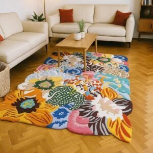 Handmade Wool Floral Area Rug: Colorful Botanical Carpet. Hand tufted rug