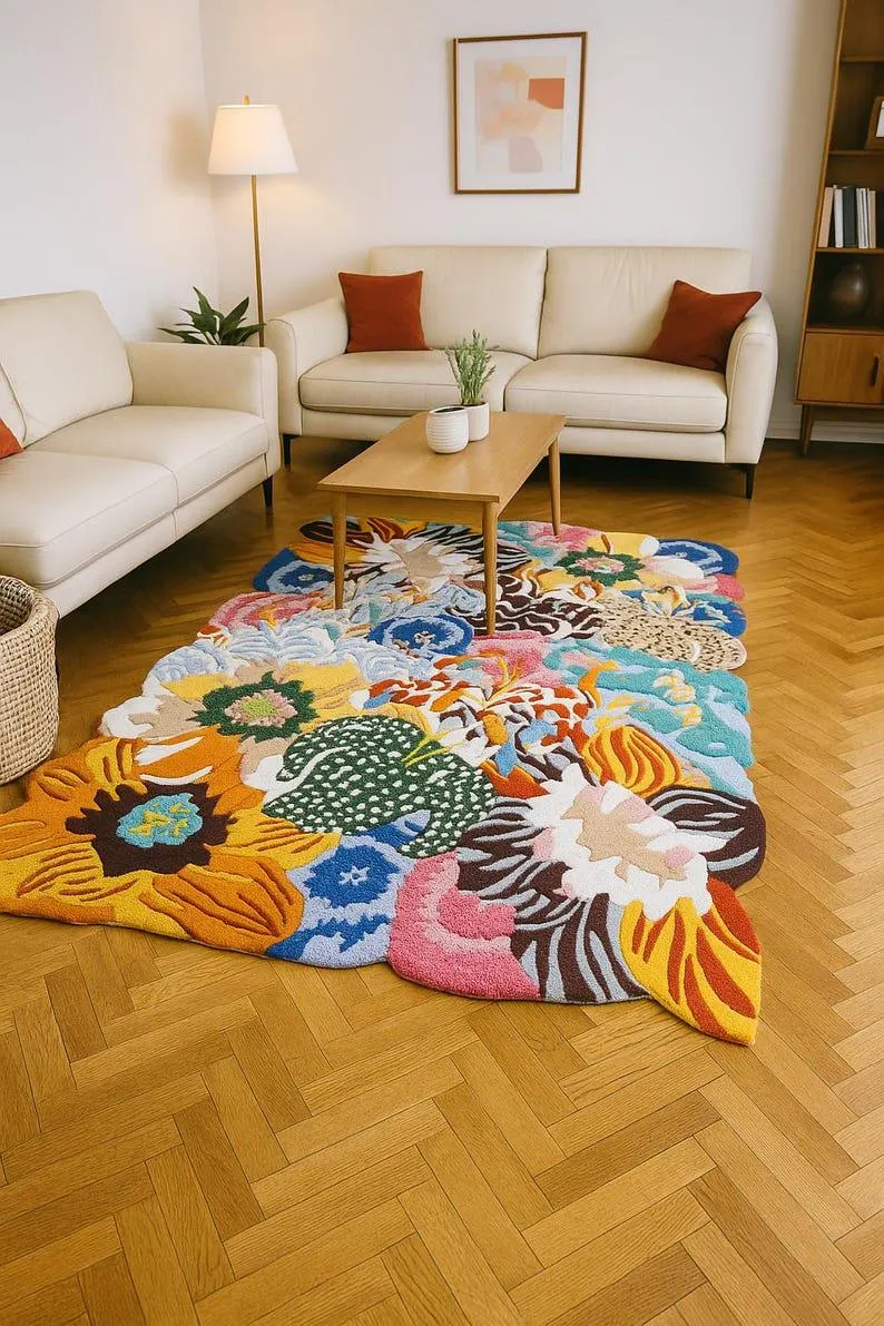 Handmade Wool Floral Area Rug: Colorful Botanical Carpet. Hand tufted rug - Image 5