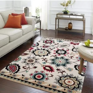 Hand-Tufted Navy Blue Floral Medallion Rug Wool Rug